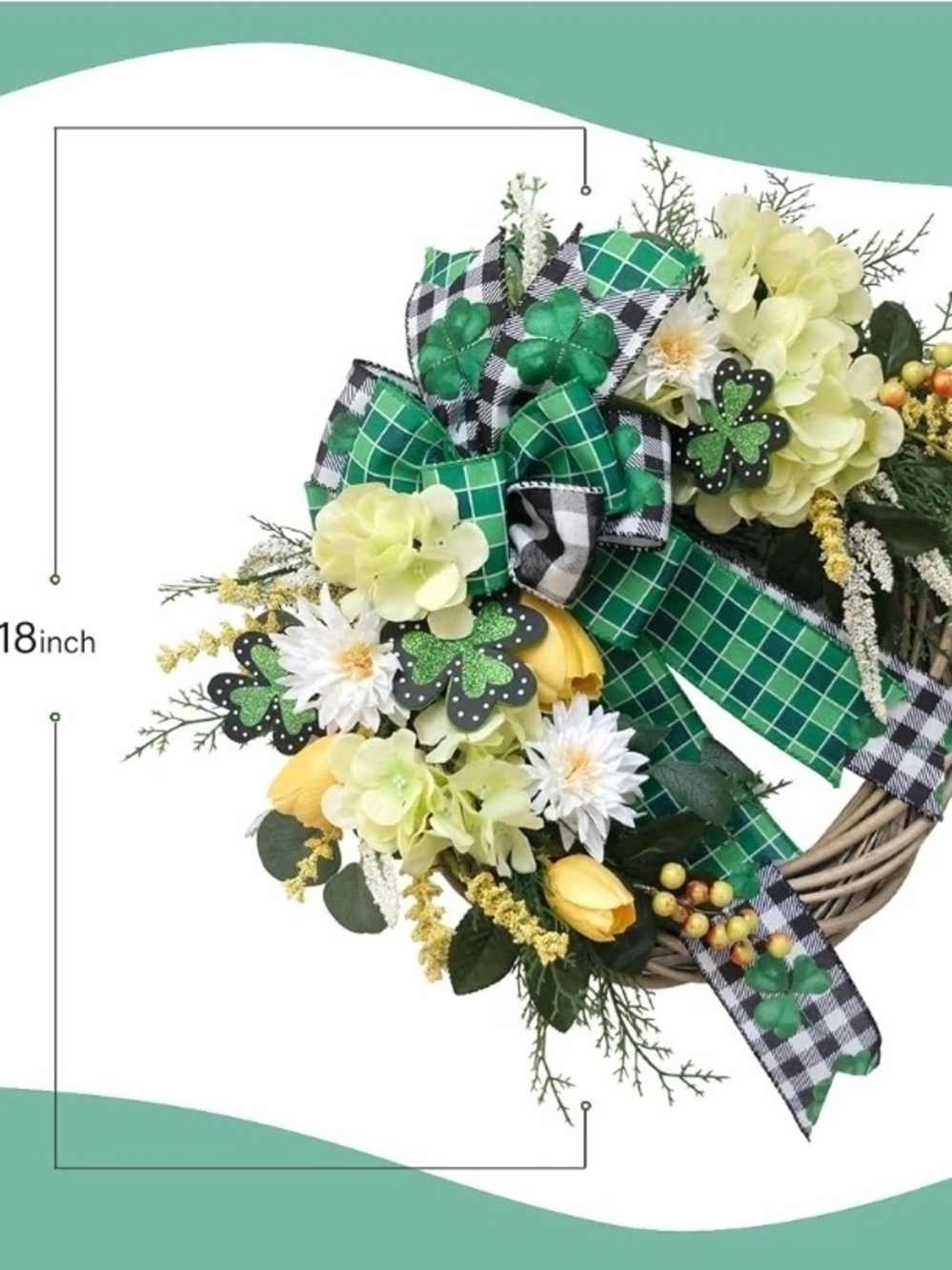 St. Patrick's Day Spring Wreath with Green Plaid Bow & Yellow Accents - Picture 3 of 8